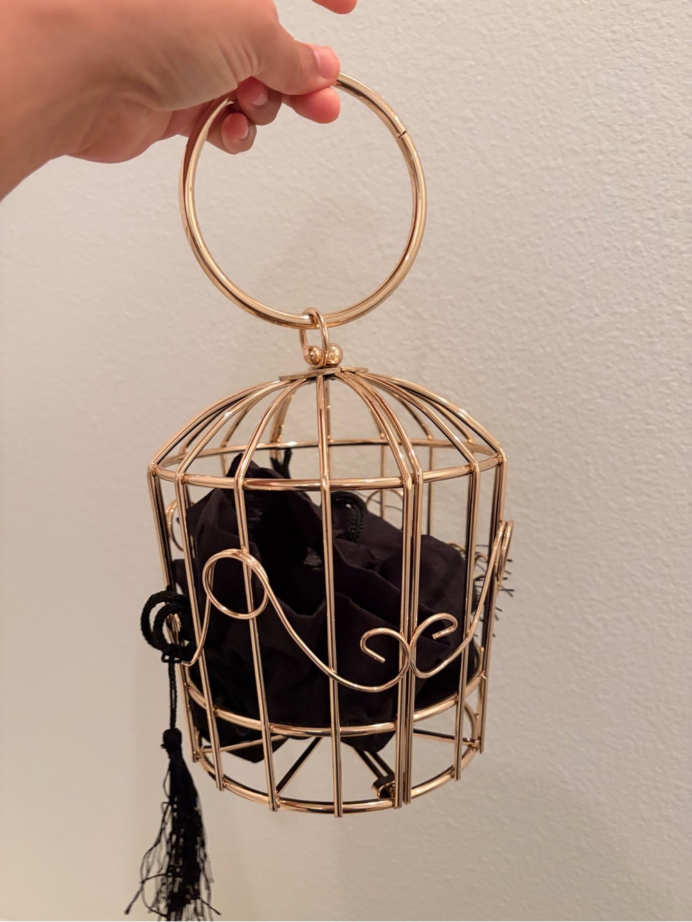 Gold Birdcage Wristlet Handbag with Black Lining
